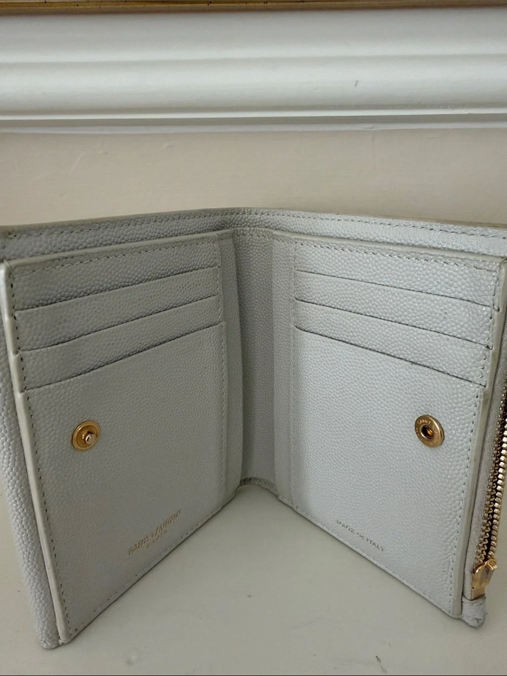 Saint Laurent White Pebbled Leather Compact Bifold Wallet wi/ Gold YSL Emblem